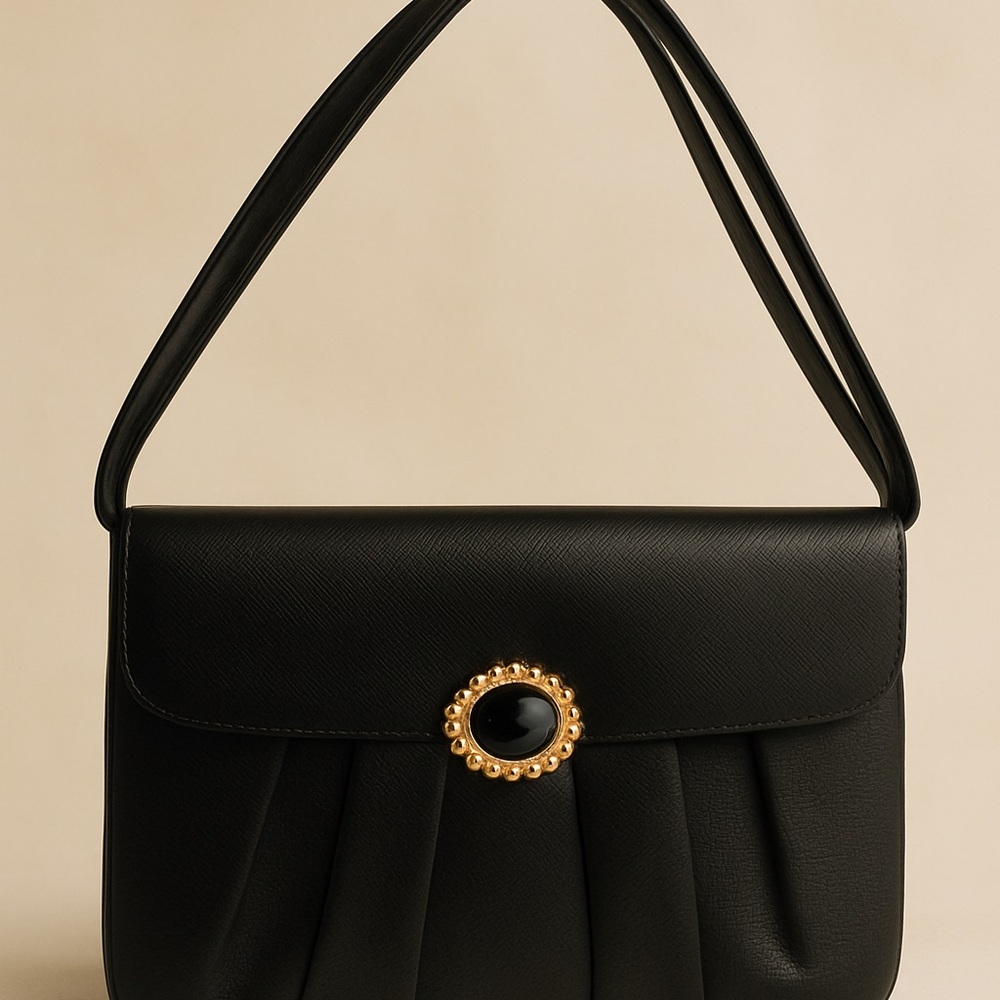 Vintage 1960’s prestige black handbag  Gold cabochon claps Mid century Mod retro